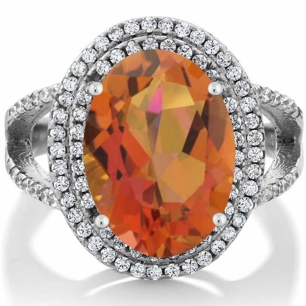 Oval Orange Halo Cocktail Ring - Silver